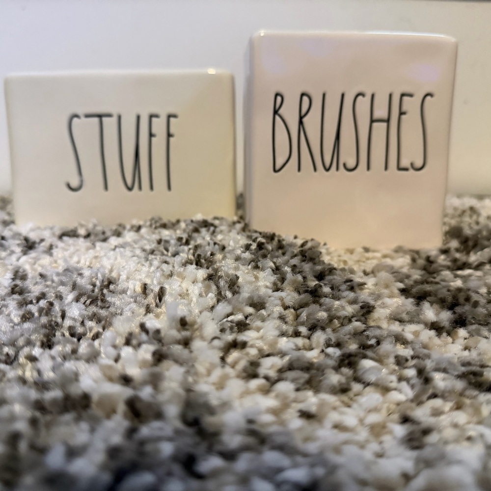 Rae Dunn White Ceramic 'Stuff' and 'Brushes' Holders